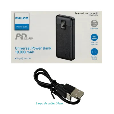 PHILCO Banco de Bateria 10000mAh 2-USB-C USB-A 37Wh Max-22,5W Portatil 7