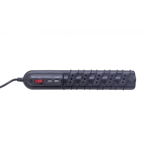 Alargador Negro 5 Tomas + 2 Conectorers USB-A 5V, 10A-250V 2200W, 3 Metros, Negro