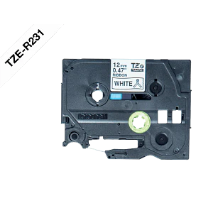 Cinta satin Brother TZE-R231 12mm negro en fondo blanco 4m