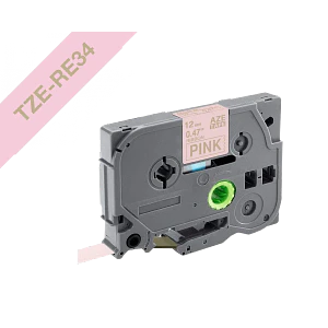 Cinta satin Brother TZE-RE34 12mm dorado en fondo rosado 4m