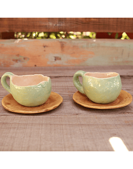 Set of 2 Coffee Cups in Light Turquoise and Ocher