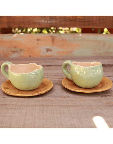 Set of 2 Coffee Cups in Light Turquoise and Ocher
