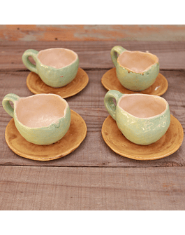 Set of 4 Coffee Cups in Light Turquoise and Ocher