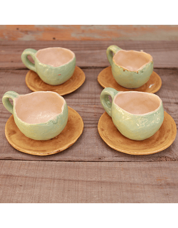 Set of 4 Coffee Cups in Light Turquoise and Ocher