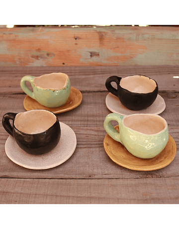 Set of 4 Coffee Cups in Light Turquoise and Black