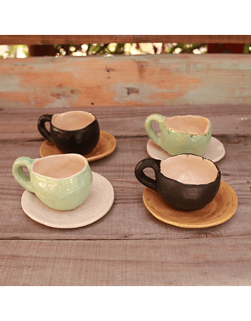 Set of 4 Coffee Cups in Light Turquoise and Black