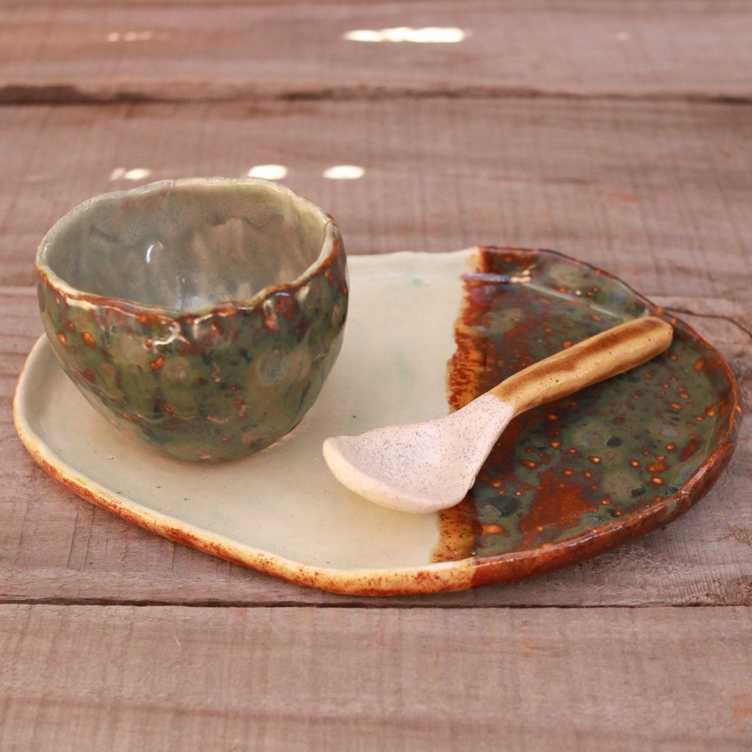 Cup, Plate and Spoon Set in Brown, Green and White