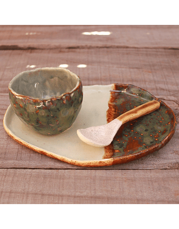 Cup, Plate and Spoon Set in Brown, Green and White