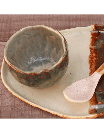 Cup, Plate and Spoon Set in Brown, Green and White