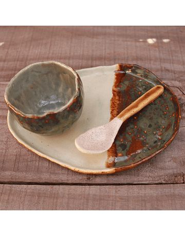 Cup, Plate and Spoon Set in Brown, Green and White