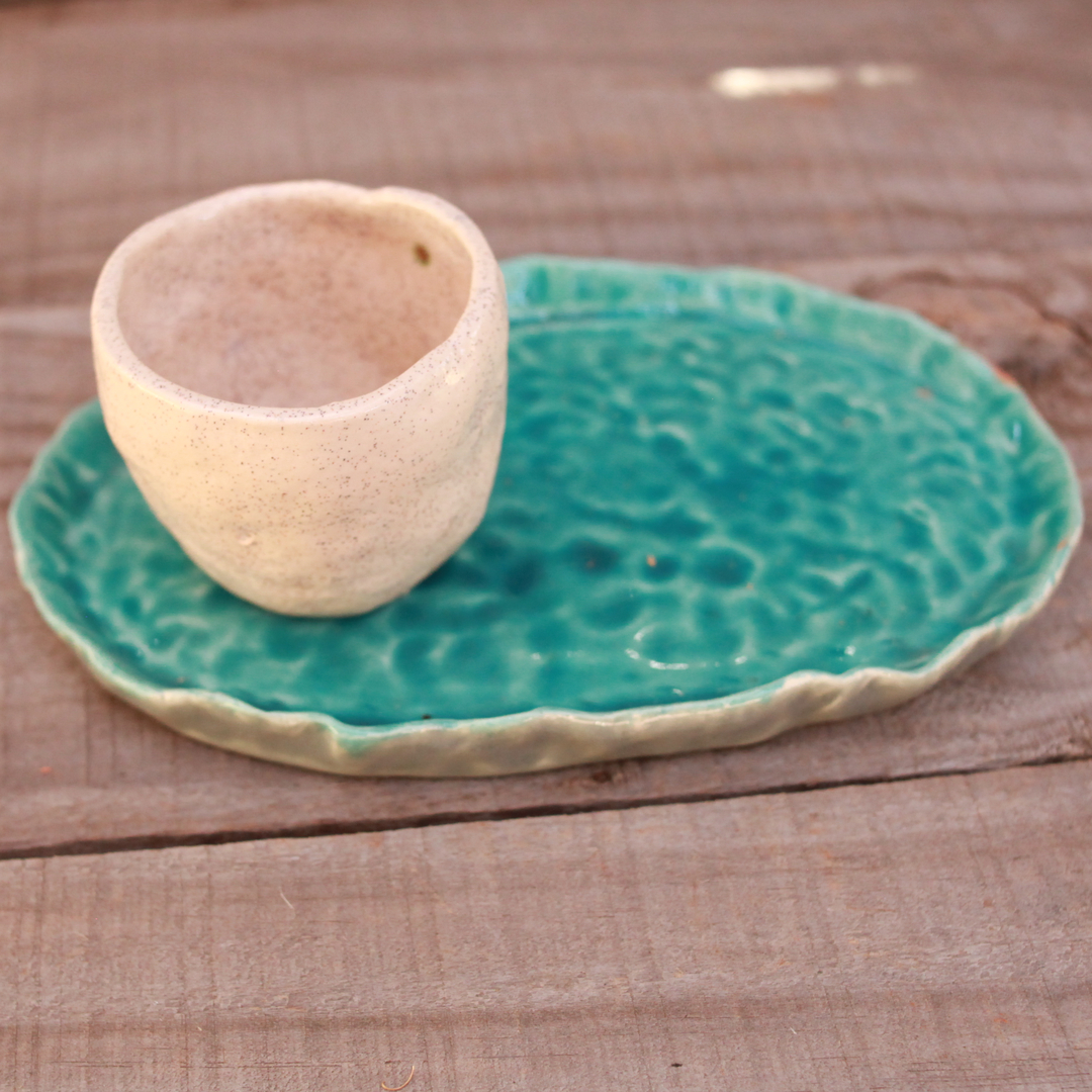 Cup and Plate Set in White and Bright Turquoise