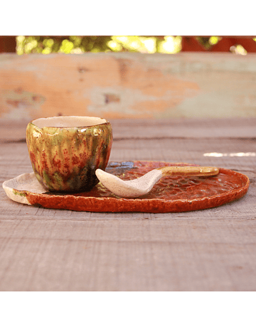 Cup, Plate and Spoon Set in Satin Brown, White and Green