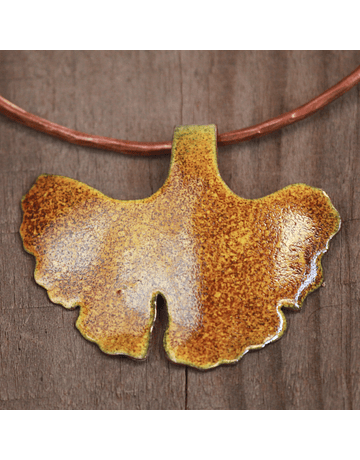 Set Necklace, Pendant and Earrings Ginkgo Biloba Enamelled Copper