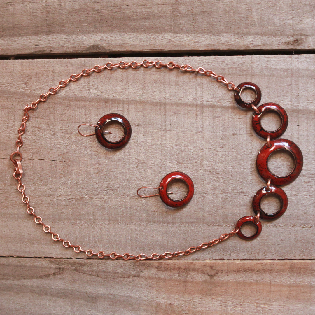 Copper Enamelled Circles Necklace and Earrings Set
