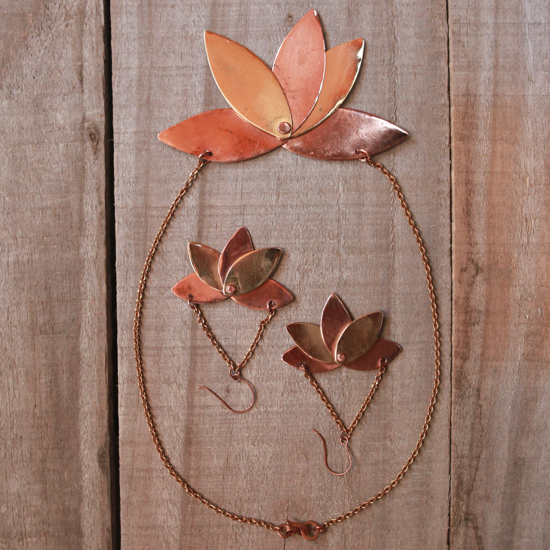 Set Necklace and Earrings Leaves Bronze and Copper