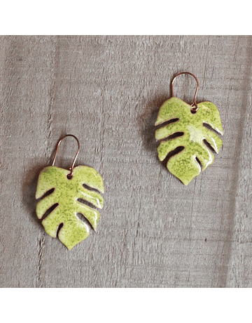 Copper Enamelled Monstera Leaf Earrings