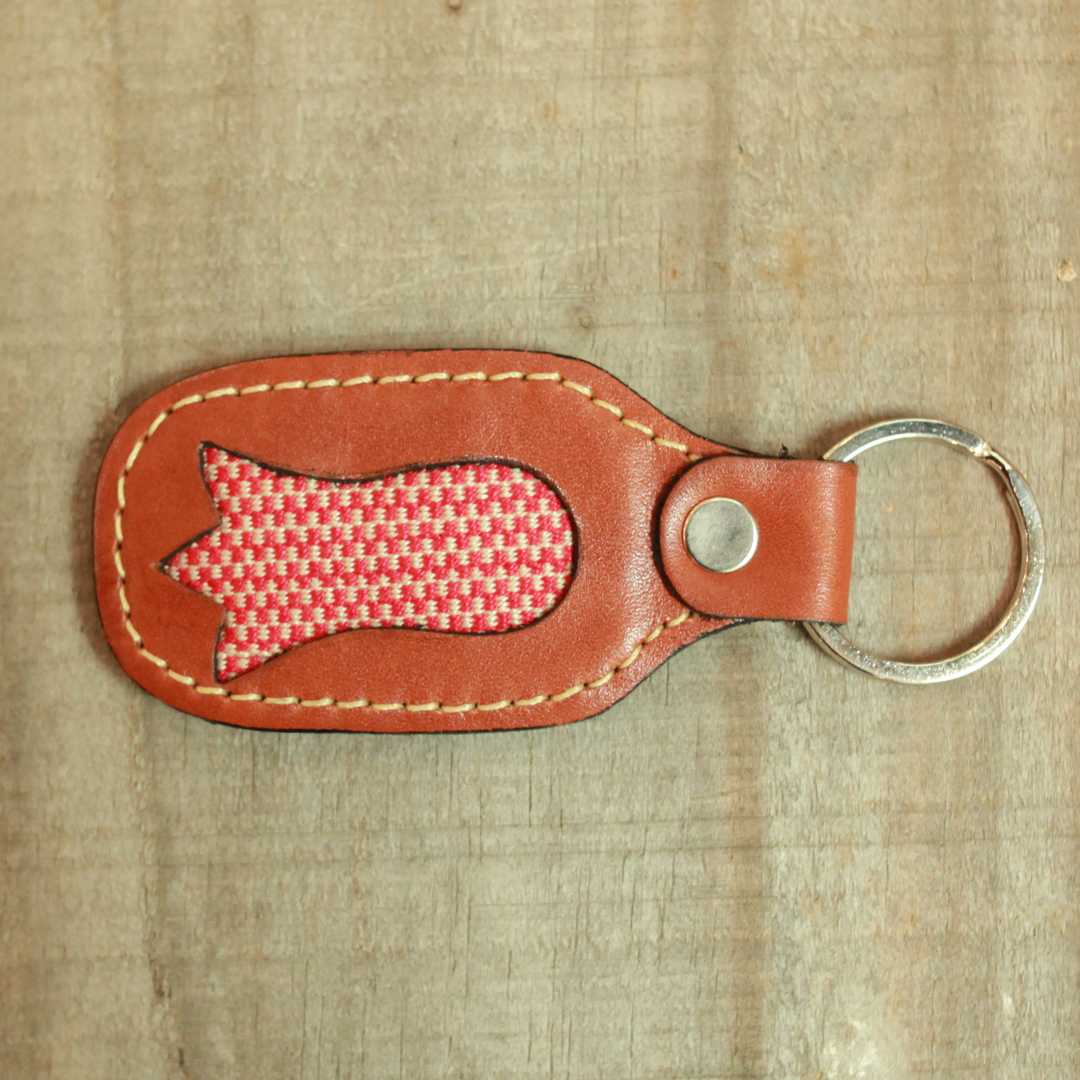 Red Copihue Loom Woven Leather Keychain