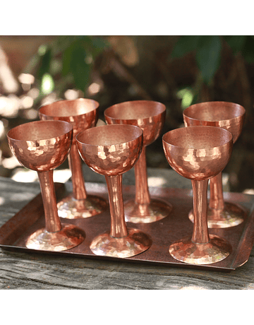 Set of 6 Hammered Copper Cups and Tray