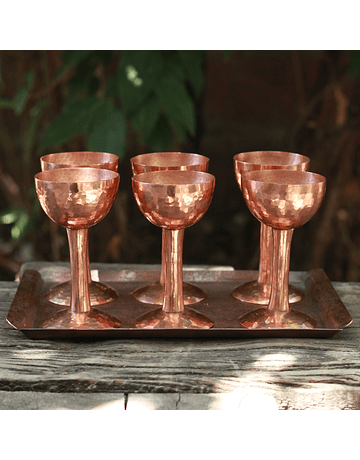 Set of 6 Hammered Copper Cups and Tray