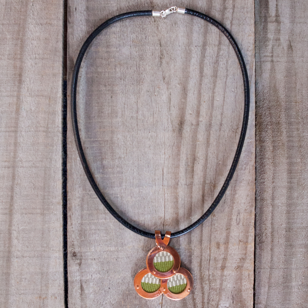 Copper Spheres Necklace Green Manta Fabric