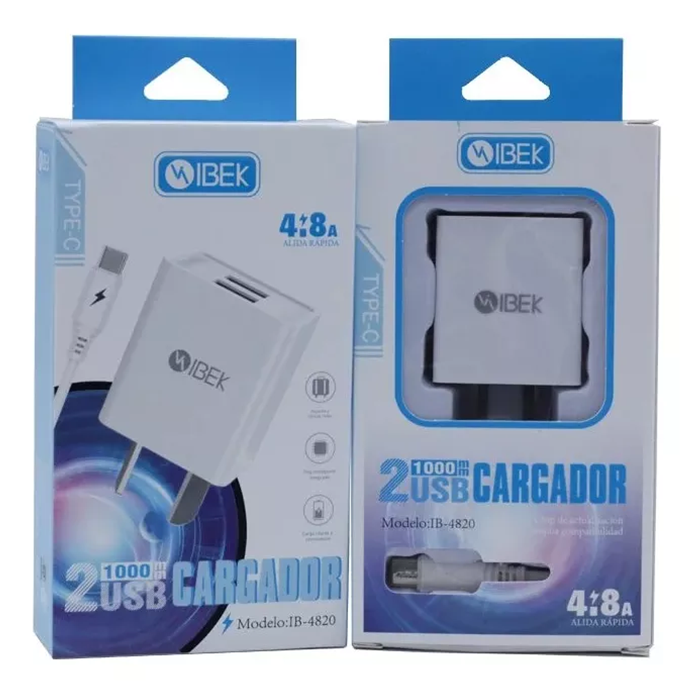 Cargador Rapido Para Celular Y Tablet Ibek 4.8 2 Usb Tipo C