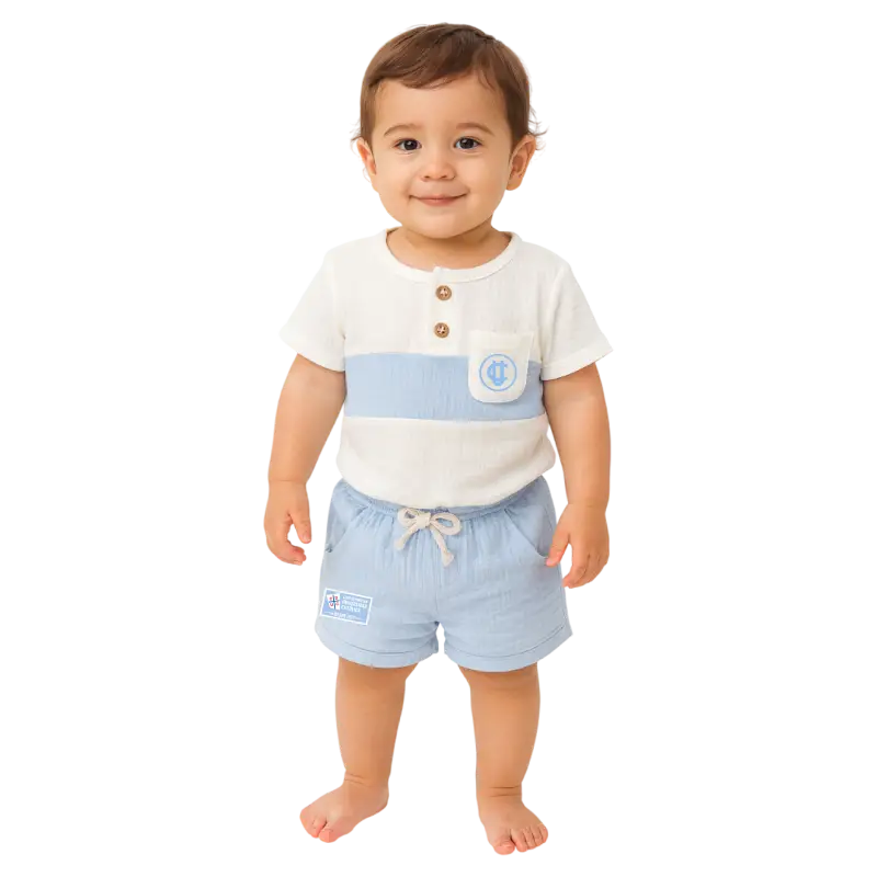 Conjunto casual camisa escocesa y short de tela tonos celeste