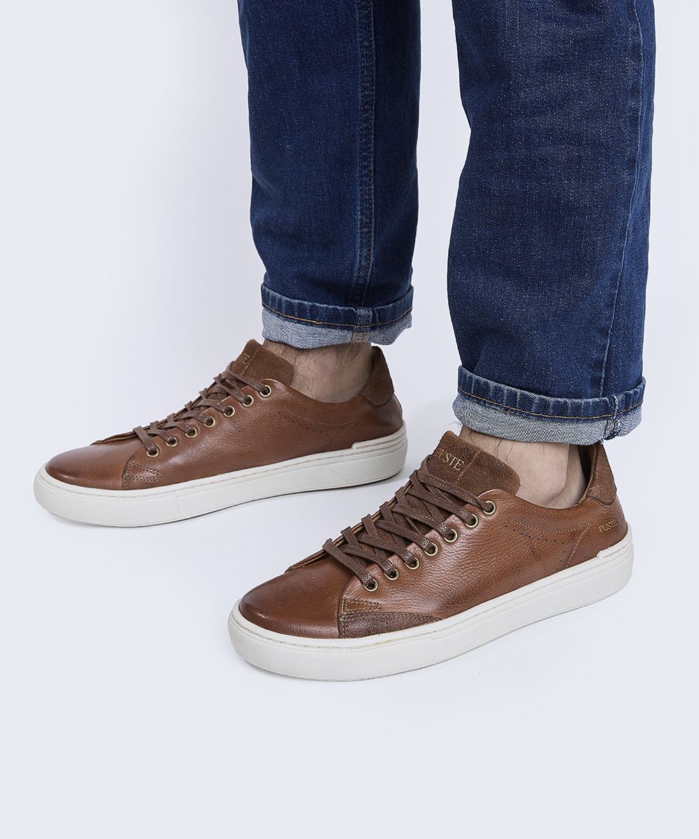 Plus One Caramel — Zapatilla de cuero hombre, suela off white 4