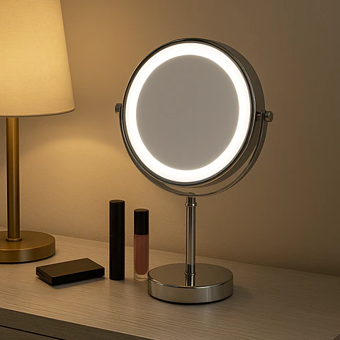 Espejo Cosmético LED de Doble Cara con Base Cromada