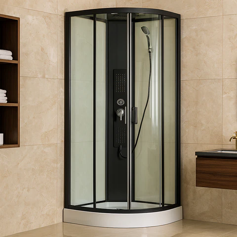 Cabina de Baño con Hidromasaje y Ducha Española de Vidrio Templado con Marco Negro Mate