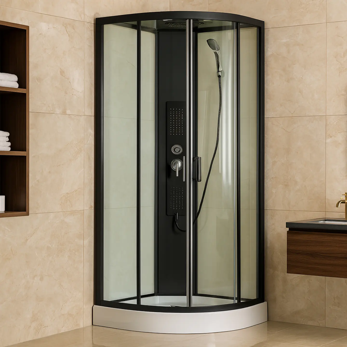 Cabina de Baño con Hidromasaje y Ducha Española de Vidrio Templado con Marco Negro Mate 2
