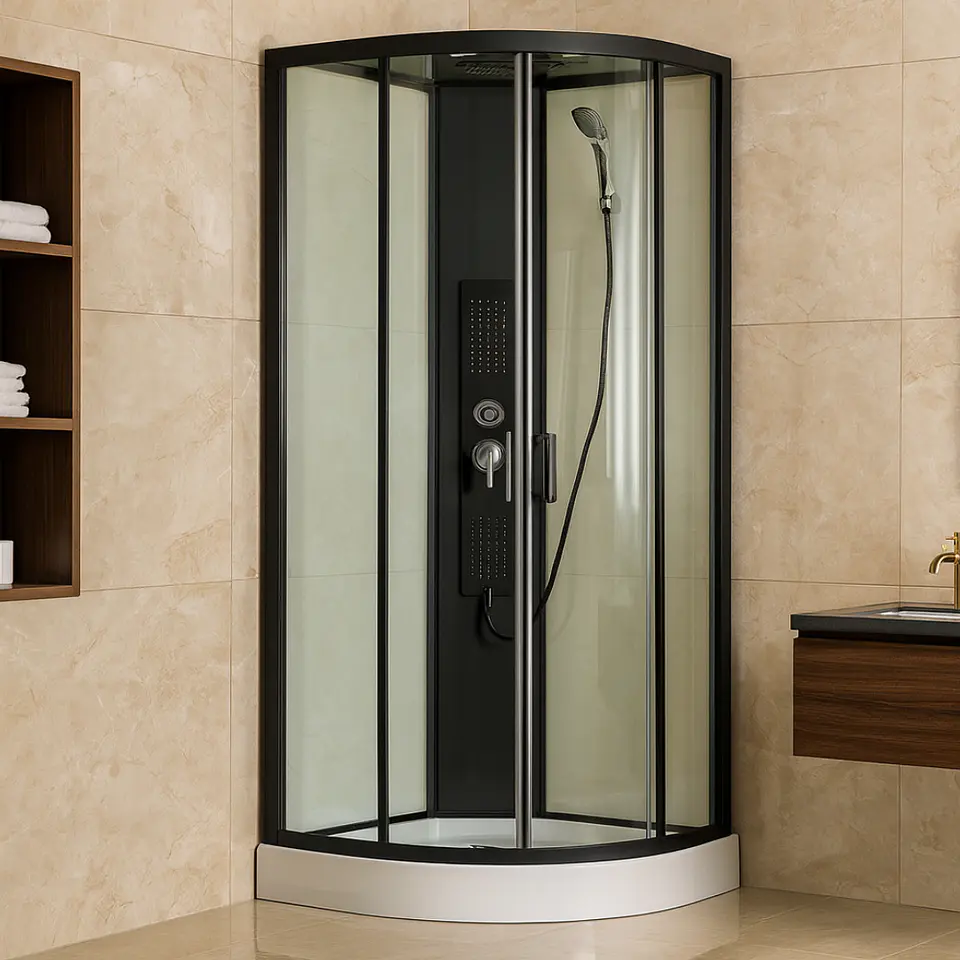 Cabina de Baño con Hidromasaje y Ducha Española de Vidrio Templado con Marco Negro Mate 2