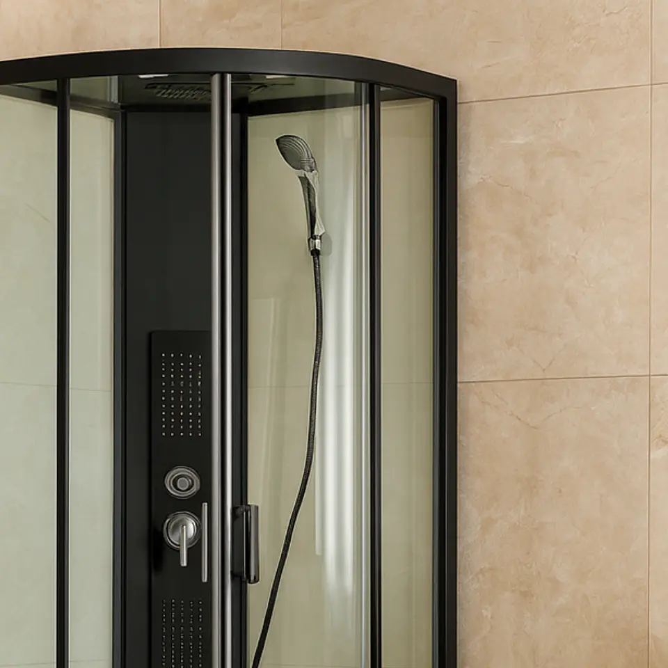Cabina de Baño con Hidromasaje y Ducha Española de Vidrio Templado con Marco Negro Mate 3