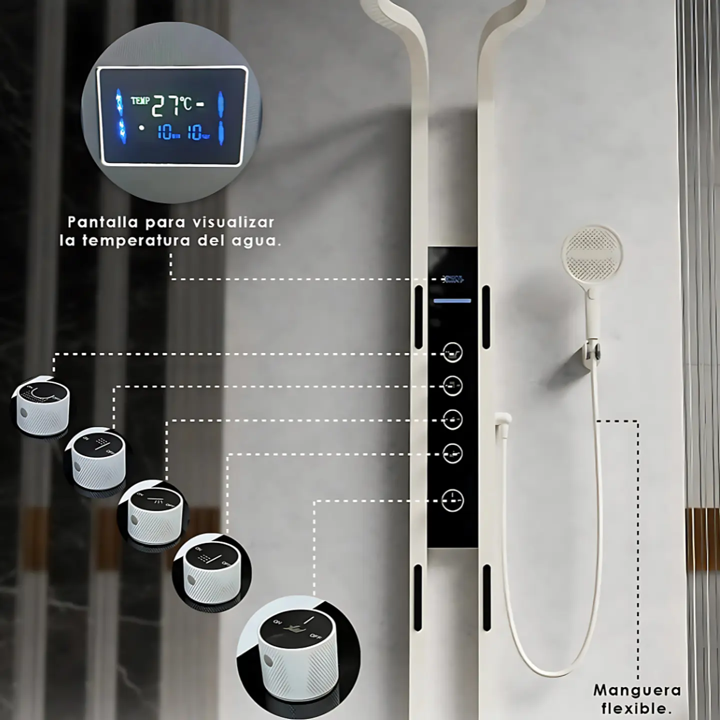 Columna de Ducha con Pantalla Digital, Hidromasaje y Ducha de Mano Blanco Mate  3