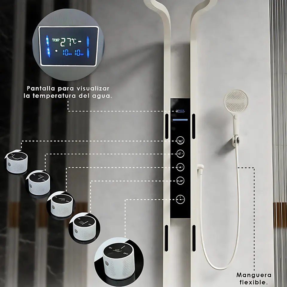 Columna de Ducha con Pantalla Digital, Hidromasaje y Ducha de Mano Blanco Mate  3