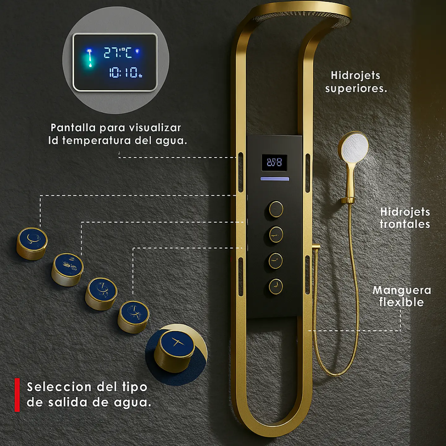 Columna de Ducha de Lujo con Pantalla Digital, Hidromasaje y Ducha de Mano Dorado Mate 3