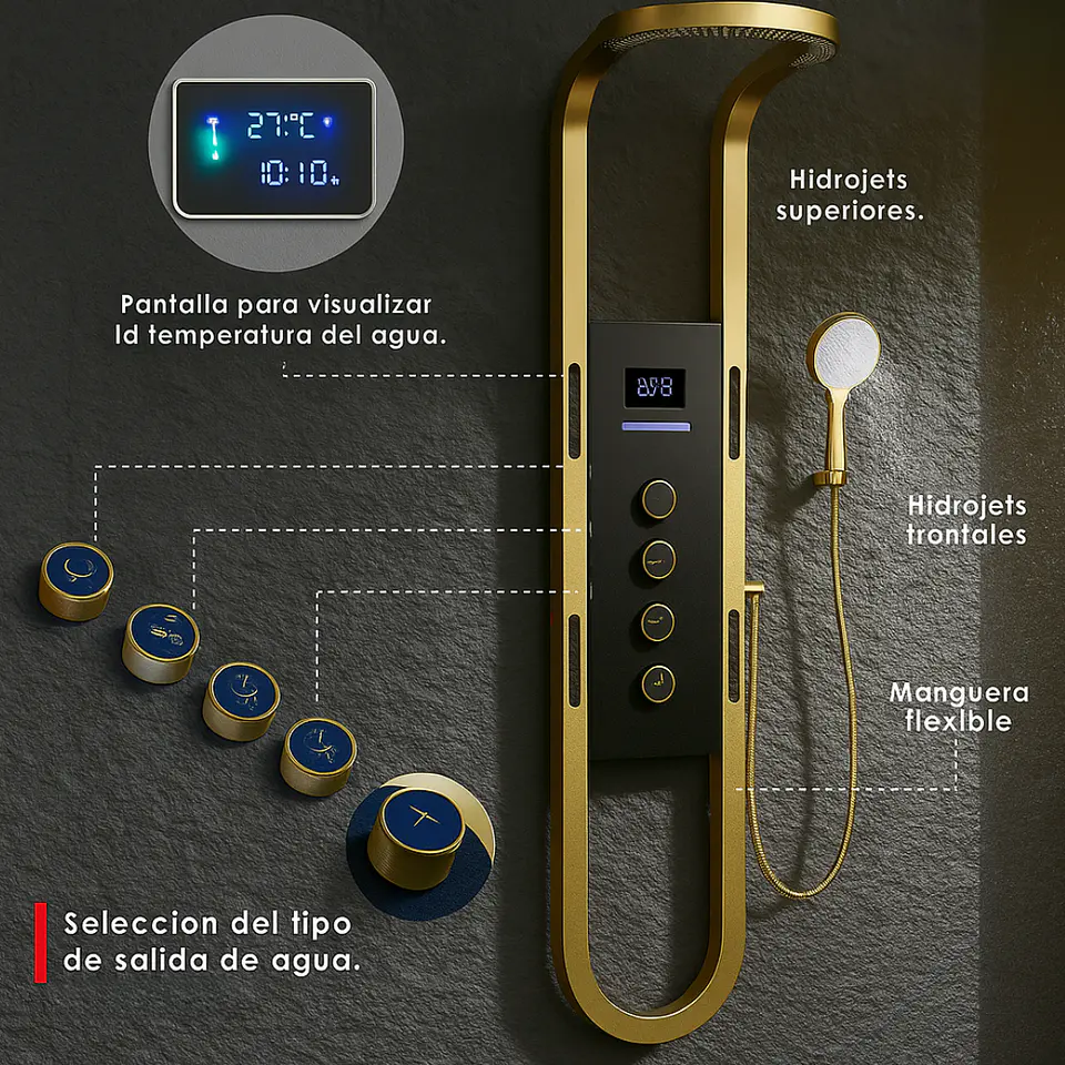 Columna de Ducha de Lujo con Pantalla Digital, Hidromasaje y Ducha de Mano Dorado Mate 3
