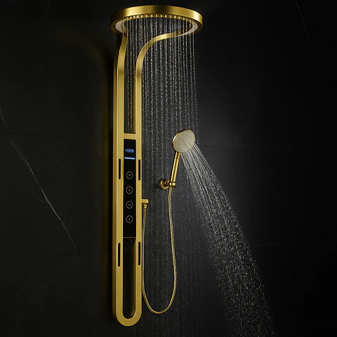 Columna de Ducha de Lujo con Pantalla Digital, Hidromasaje y Ducha de Mano Dorado Mate