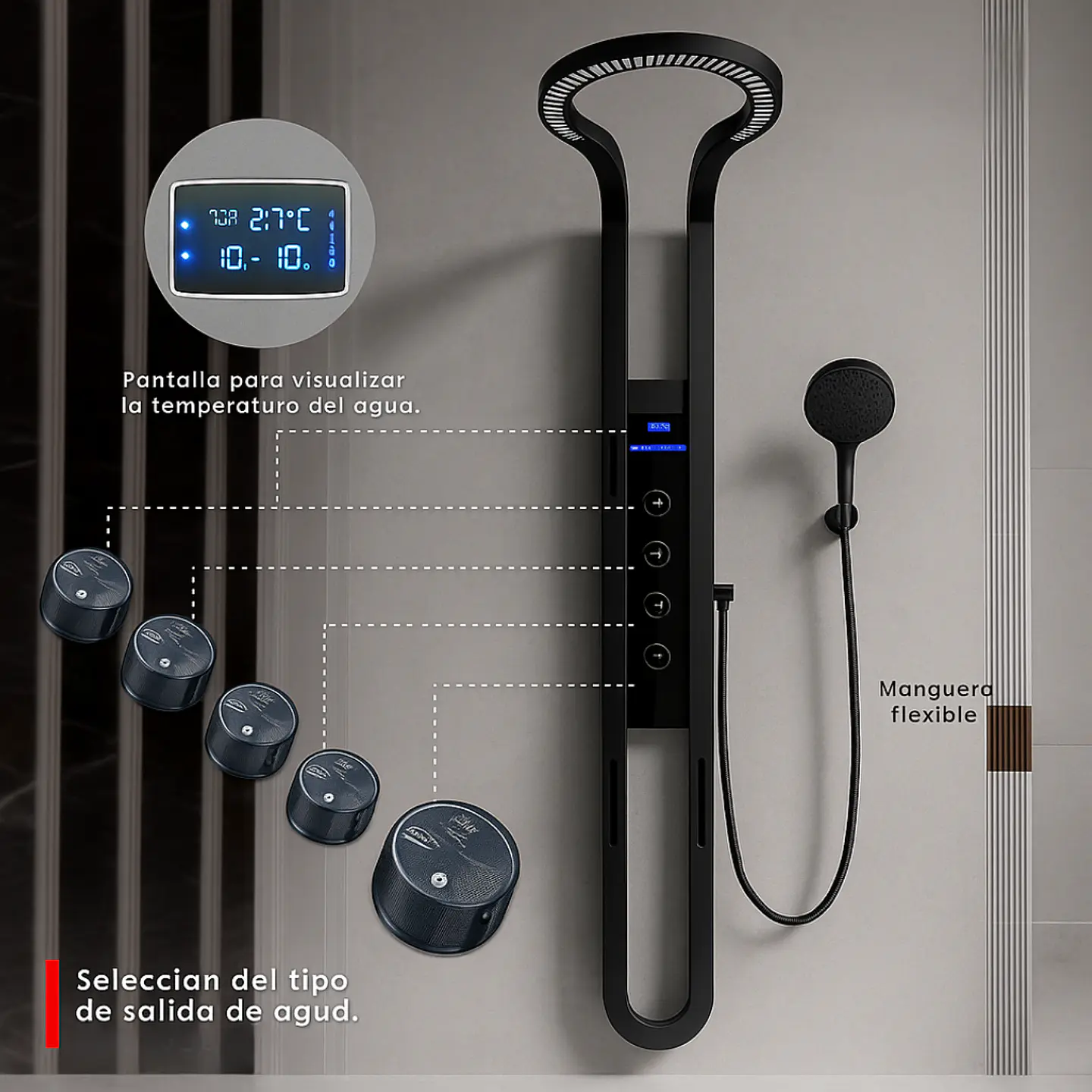 Columna de Ducha con Pantalla Digital, Hidromasaje y Ducha de Mano Negra 3
