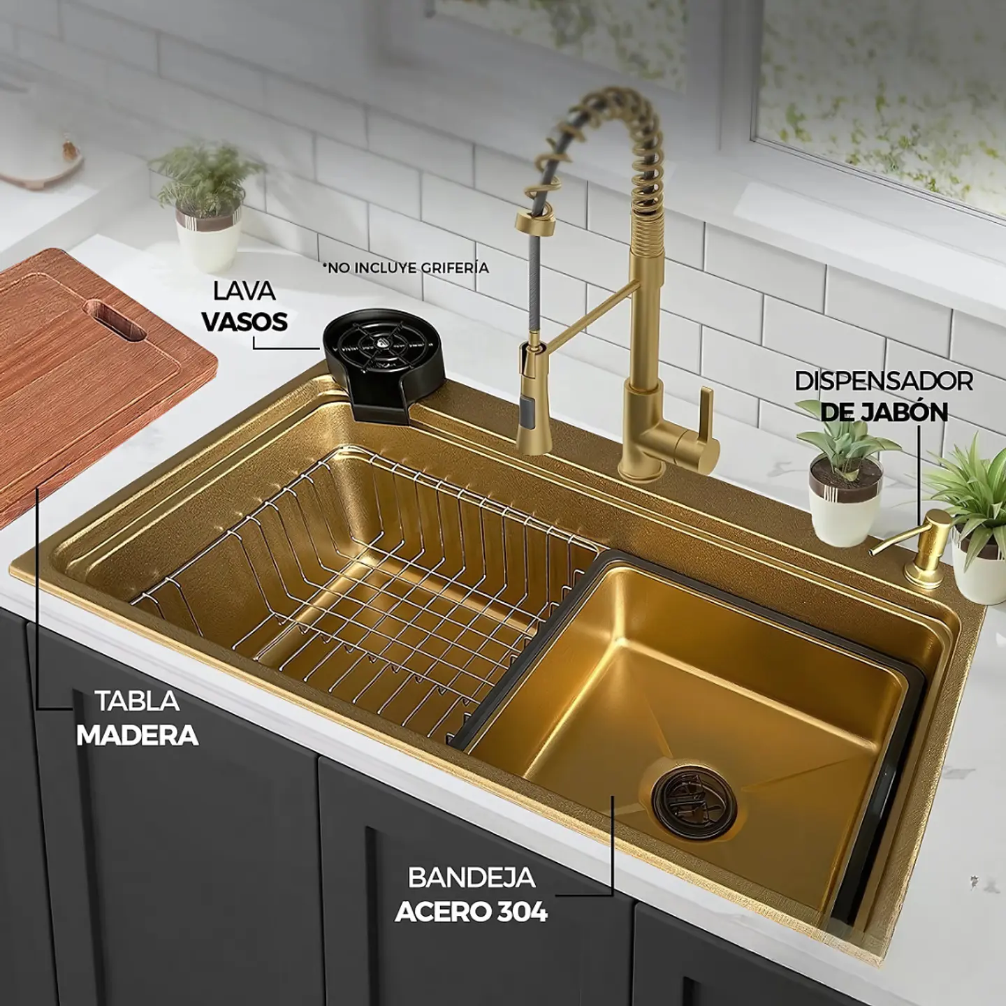 Lavadero de Cocina de Acero Inoxidable Dorado con Lavacopas 3