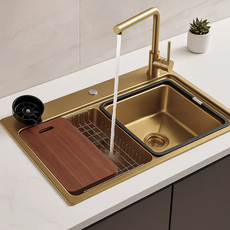 Lavadero de Cocina de Acero Inoxidable Dorado con Lavacopas 2