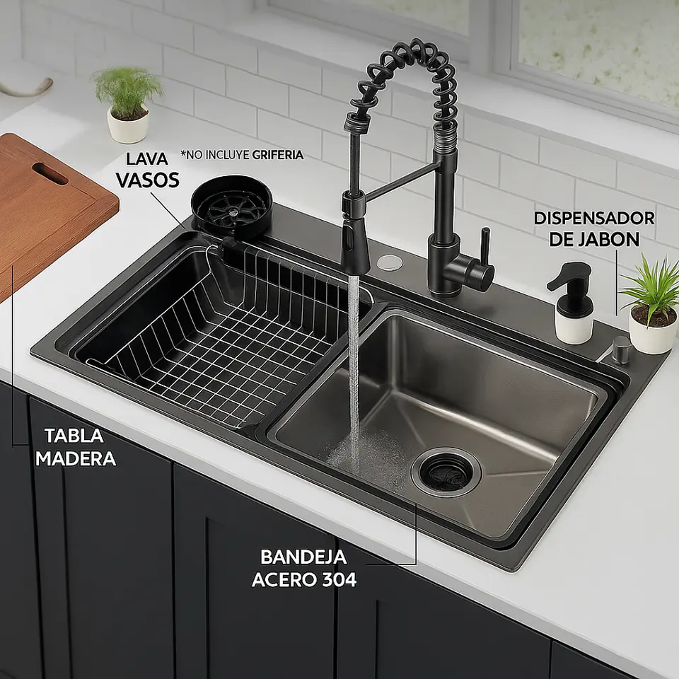 Lavadero de Cocina de Acero Inoxidable Negro con Lavacopas 3