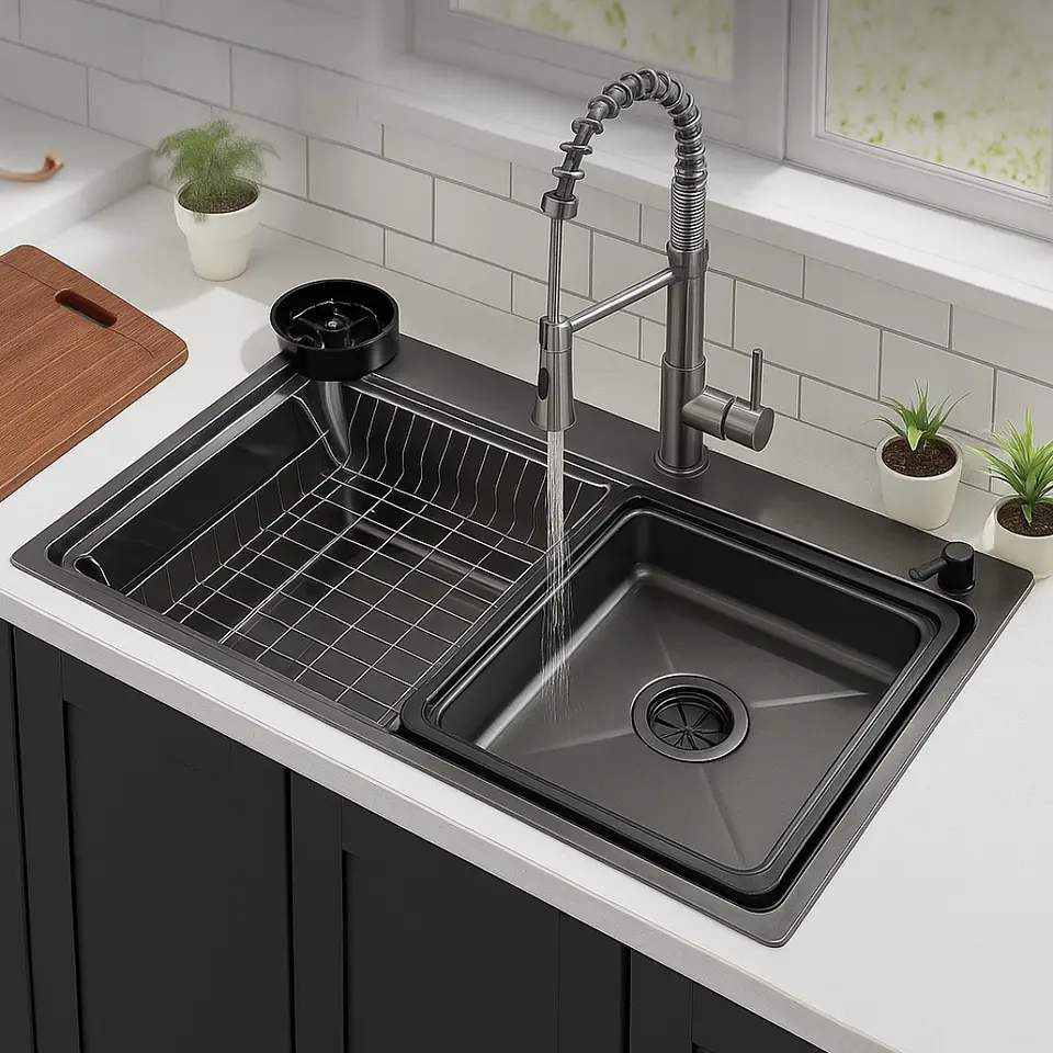 Lavadero de Cocina de Acero Inoxidable Negro con Lavacopas 2