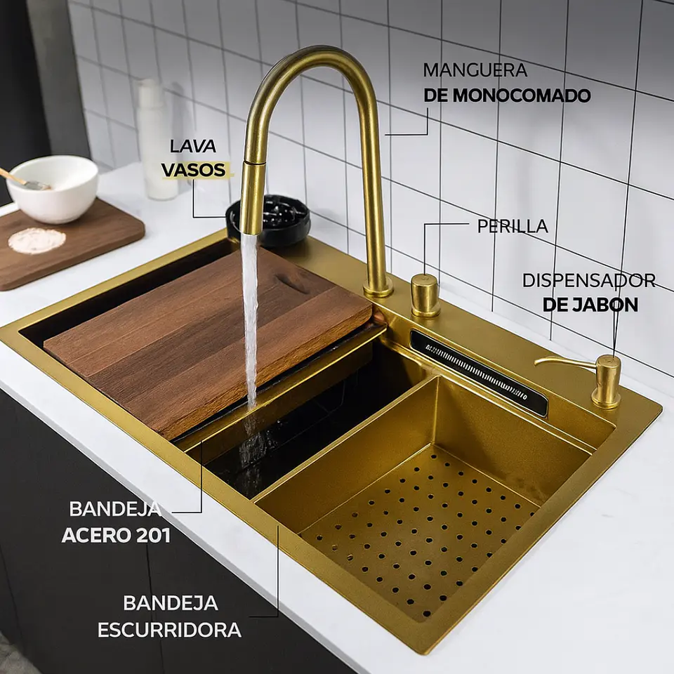 Lavadero de Cocina de Acero Inoxidable Dorado con Monocomado 3