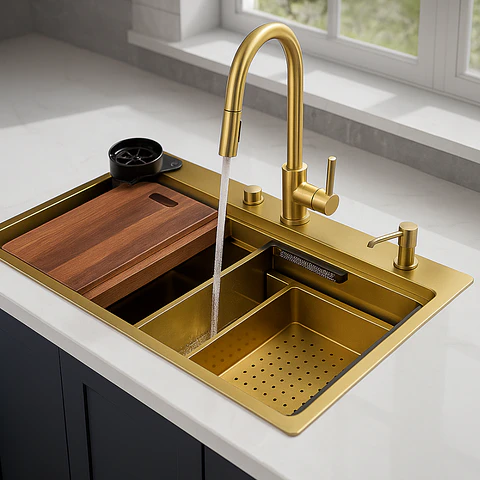 Lavadero de Cocina de Acero Inoxidable Dorado con Monocomado