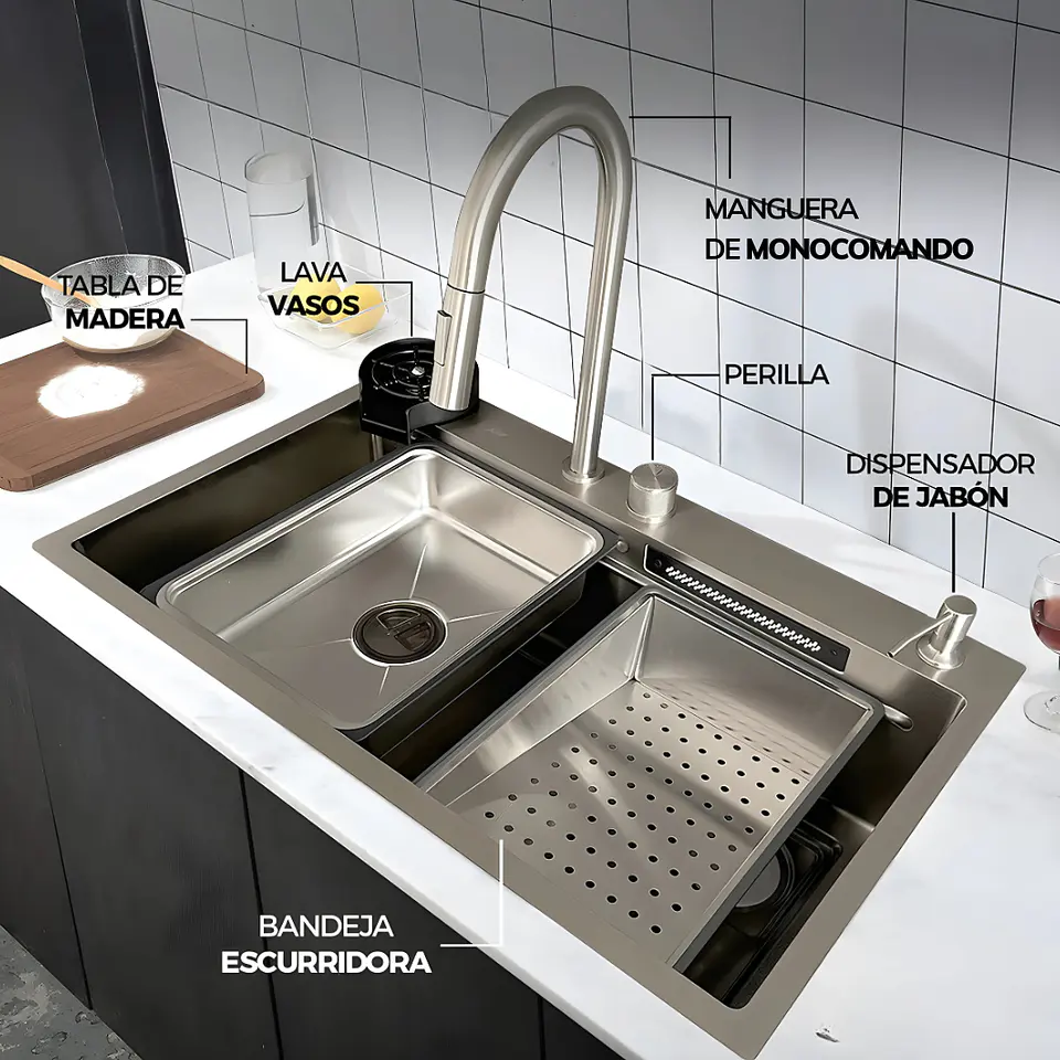 Lavadero de Cocina de Acero Inoxidable Plomo con Monocomando 3
