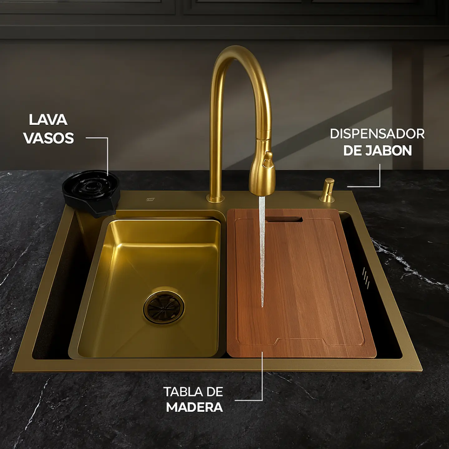 Lavadero de Cocina de Acero Inoxidable Dorado Premium con Lavacopas 3