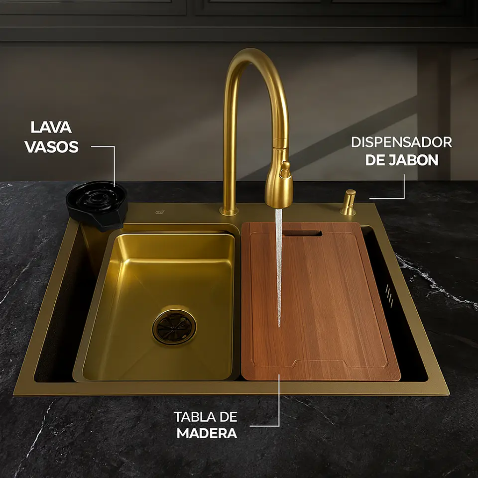 Lavadero de Cocina de Acero Inoxidable Dorado Premium con Lavacopas 3