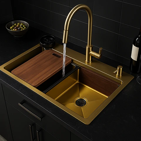 Lavadero de Cocina de Acero Inoxidable Dorado Premium con Lavacopas