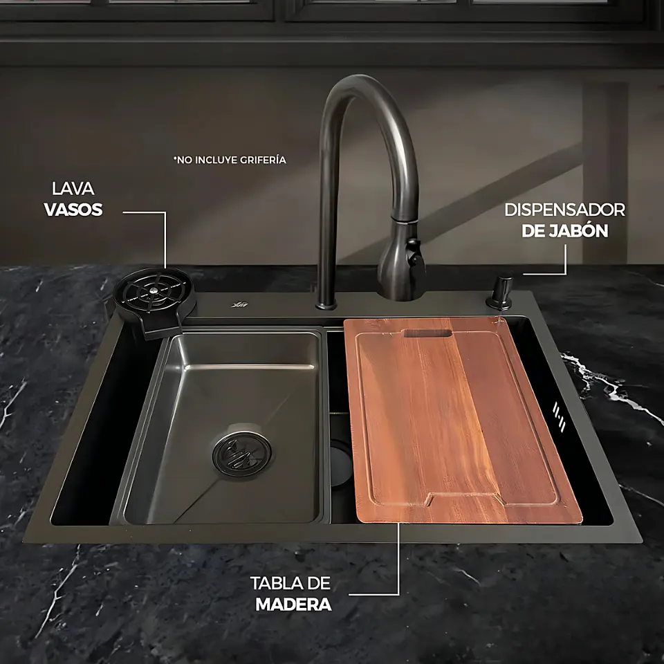Lavadero de Cocina Acero Inoxidable Negro Premium con Lavacopas 3