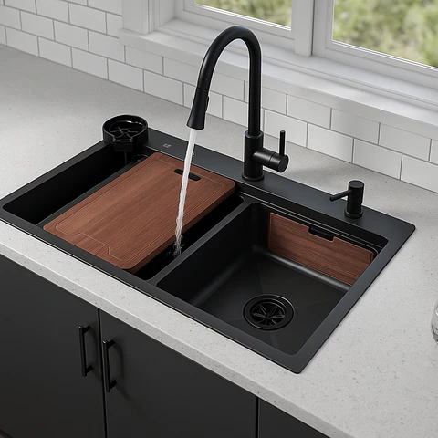 Lavadero de Cocina Acero Inoxidable Negro Premium con Lavacopas